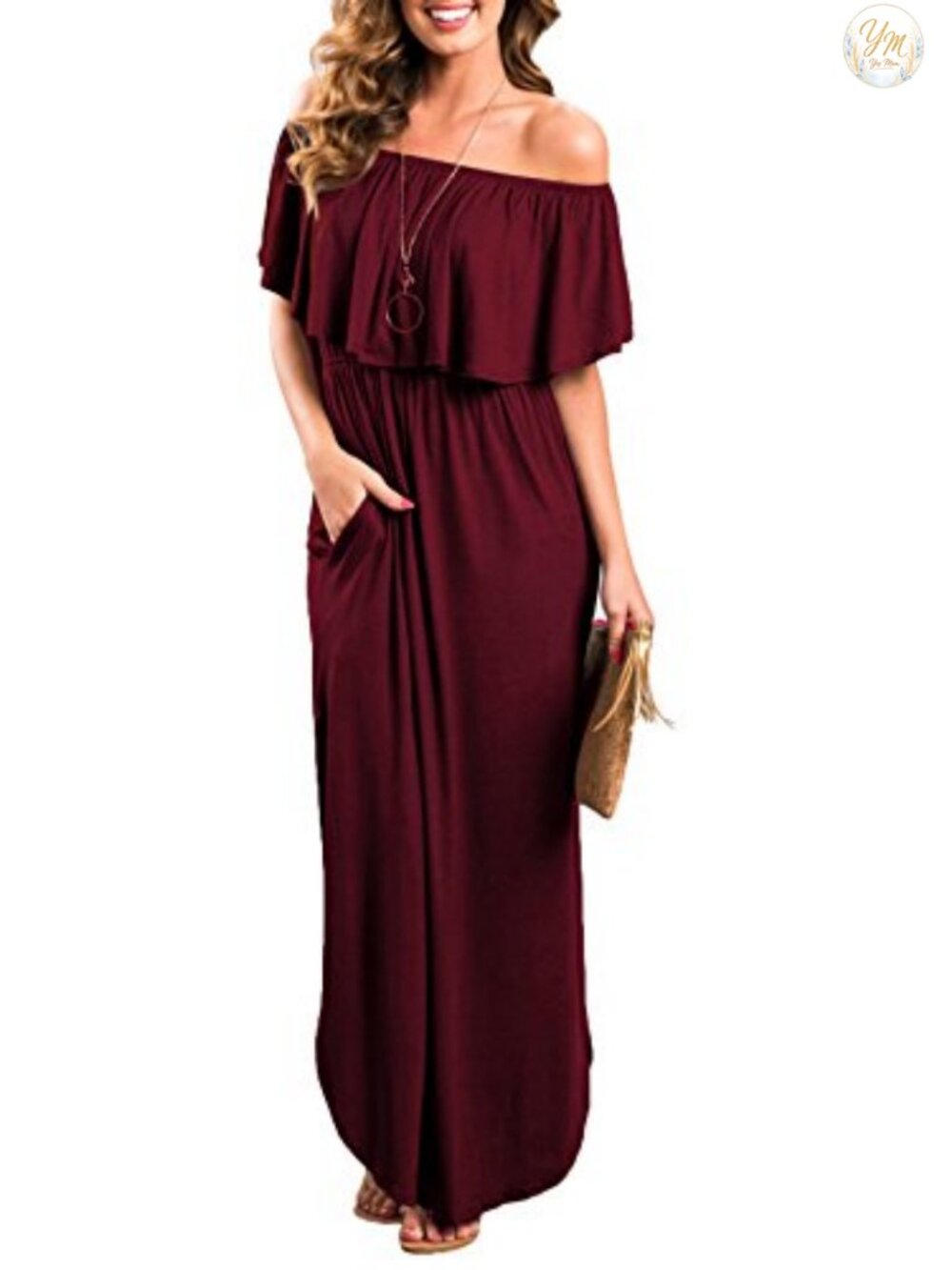 Off Shoulder Ruffle Maxi Dress with Pockets Side Slit Beach Party